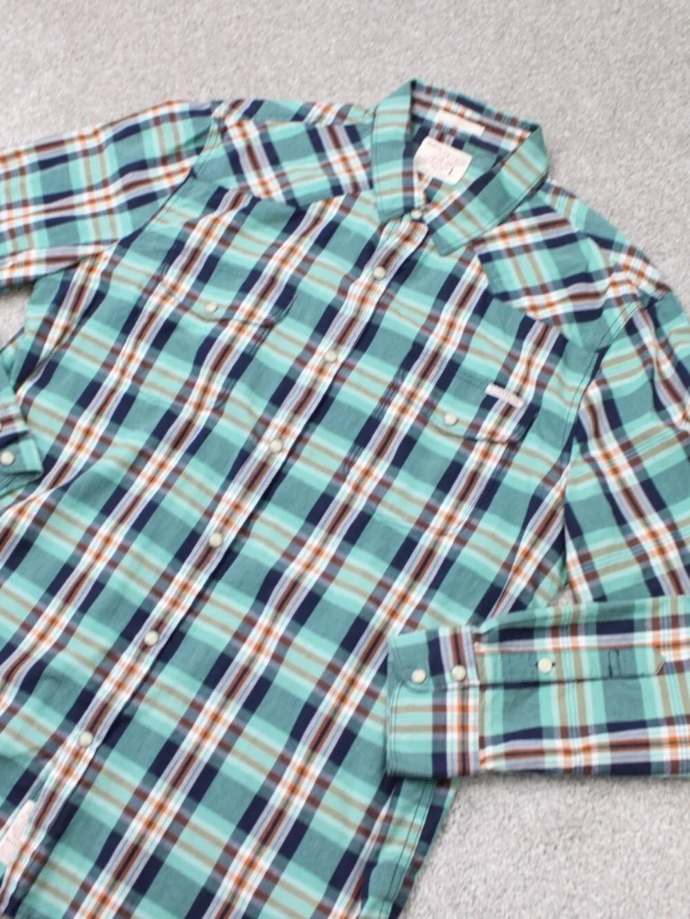 Lucky Brand Shirt Men Large Green/Blue/Orange Classic Fit Pearl Snap Long Sleeve